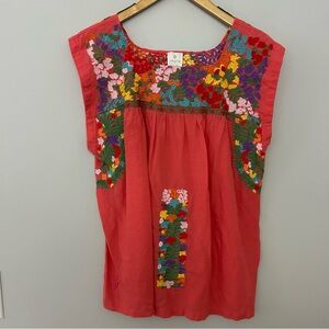 J.Marie Pink Red Floral Embroidered Flutter Sleeve Blouse